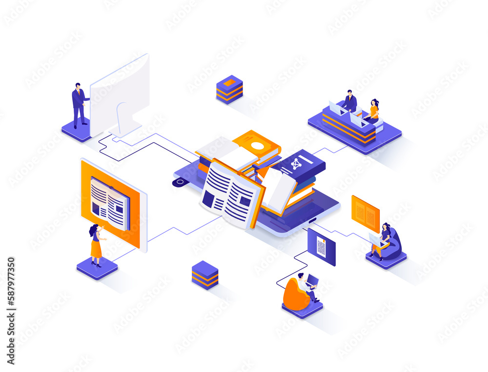 Leinwandbilder online library isometric web banner. e-library application isometry concept. electronic books servic
