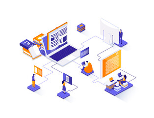 Online reading isometric web banner. Distance education and knowledge isometry concept. E-book reading application 3d scene, online library service design. Illustration with people characters.