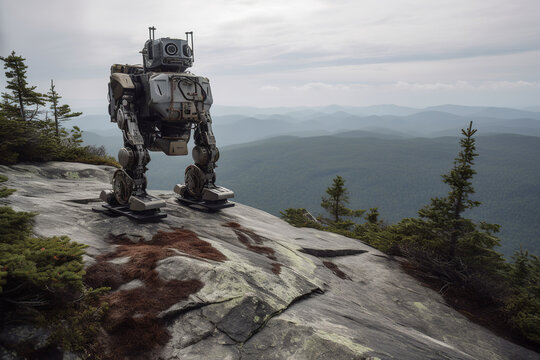 A journey of robot as it explores the remote wilderness, equipped with advanced sensors to navigate the rugged terrain. Generative AI