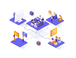 Obraz premium Open space office isometric web banner. Collaboration at coworking open space isometry concept. Comfortable workplace for developers team 3d scene design. Illustration with people characters.