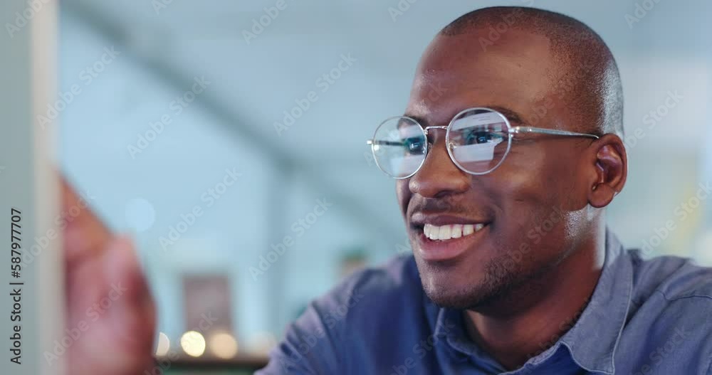 Poster happy black man on computer for digital, internet or online management, software solution or goals. 