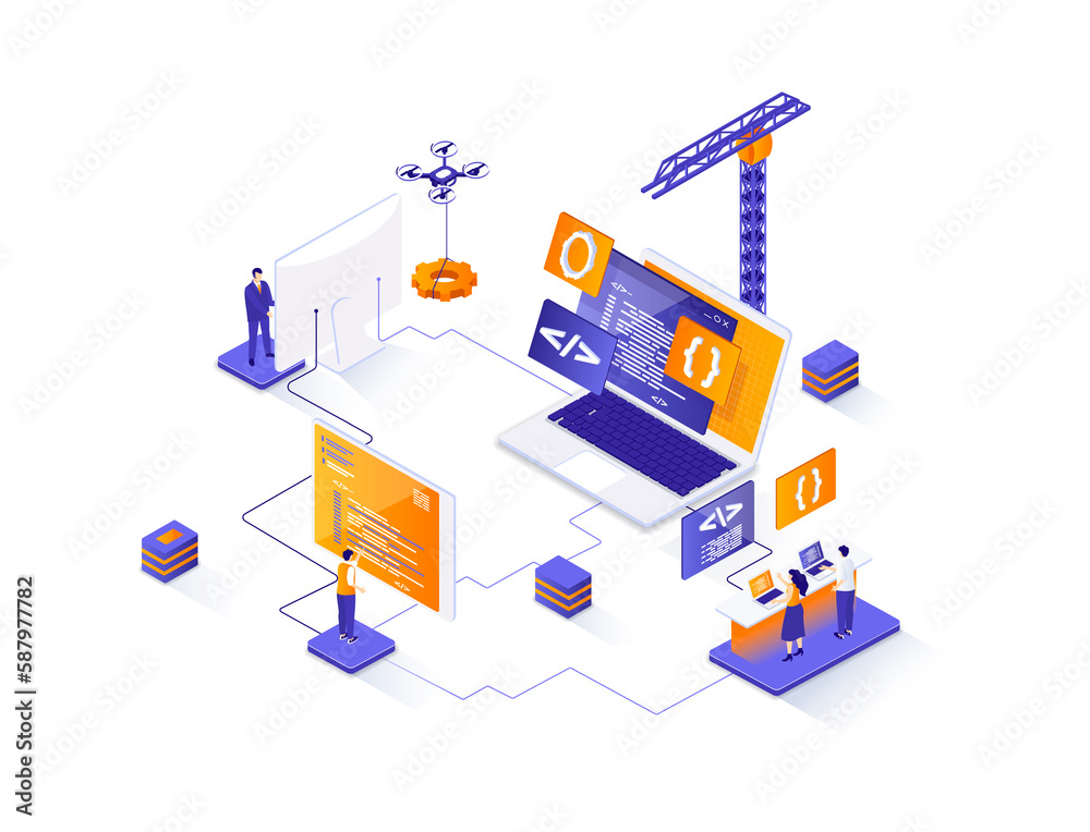 Poster Programming isometric web banner. Full stack software development isometry concept. Engineering and programming 3d scene, outsourcing company service design. Illustration with people characters.