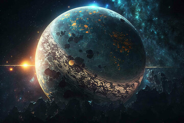 Mystery planet with stars around, the planet in space.Created with Generative Ai technology.