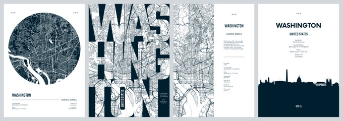 Set of travel posters with Washington, detailed urban street plan city map, Silhouette city skyline, vector artwork - obrazy, fototapety, plakaty