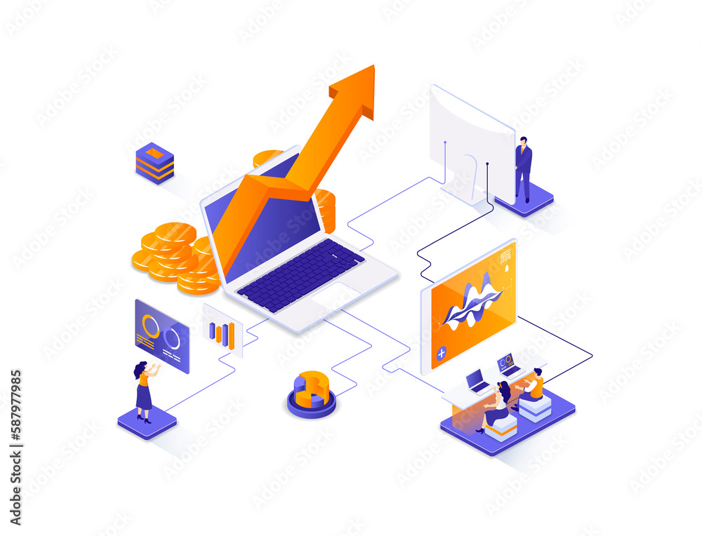 Poster Sales management isometric web banner. Developing sales force isometry concept. Coordinating sales operations, marketing and data analysis 3d scene design. Illustration with people characters.