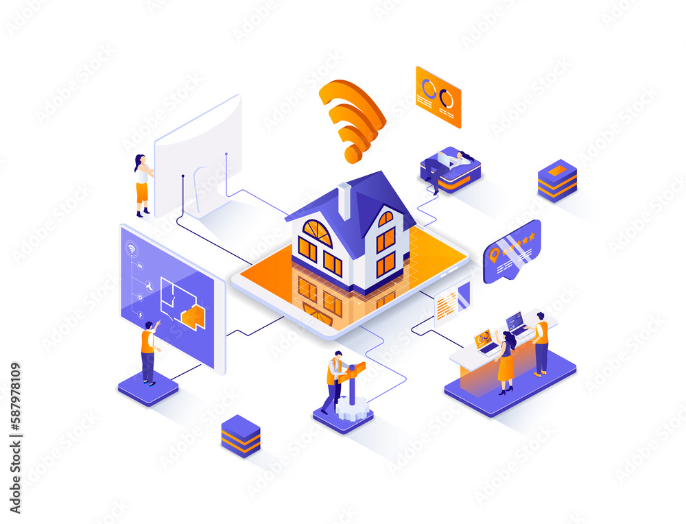 Leinwandbilder smart home isometric web banner. online home control, monitoring and management isometry concept. ho