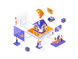 Smart home isometric web banner. Online home control, monitoring and management isometry concept. House system automatization technology 3d scene design. Illustration with people characters.