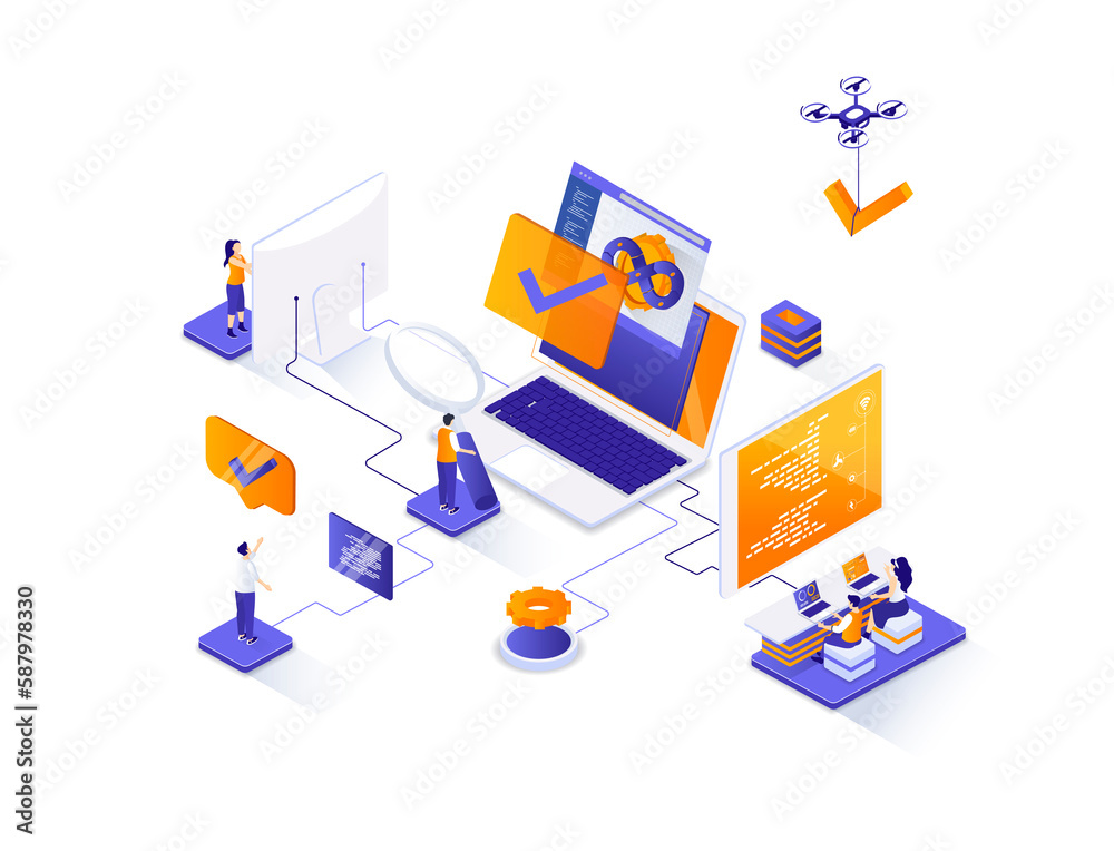 Poster Software testing isometric web banner. Software debugging and quality assurance isometry concept. Search of bugs and analysis process 3d scene design. Illustration with people characters.