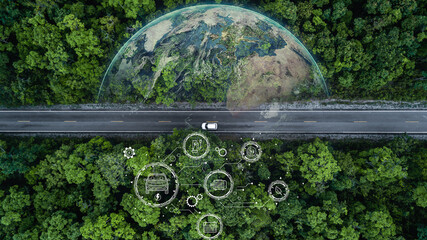 Electric vehicle car going through forest, EV electrical energy for environment, Nature power technology sustainable devlopment goals green energy, Ecosystem ecology healthy environment road trip