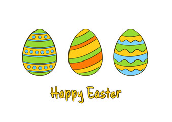 Easter greeting card. Happy Easter vector lettering with colorful Easter eggs. Cartoon. Vector illustration. Isolated on white background