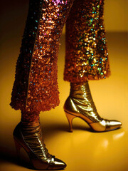 woman legs in shiny shoes dancing on the floor of a nightclub, in colorful trendy bright clothes in 70s style. Ilustration, Generative AI
