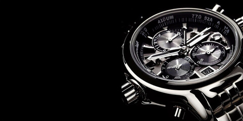 Luxury man's chronograph watch boasts a stunning stainless steel casing, a sleek black face with bold white numbers. Ai generated image.