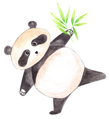 Watercolor hand drawn cute funny baby panda standing and holding bamboo cane plant. Aquarelle web design element isolated on white background.