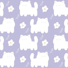 White fluffy kitty cat and flowers pattern on the pastel background