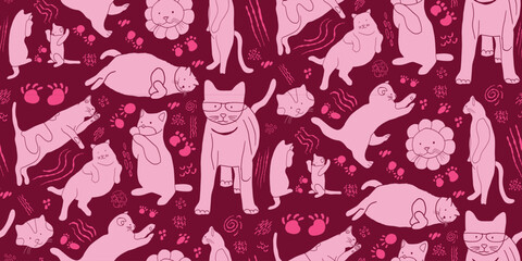 Cat Pattern seamless pattern, hand drawn Magenta Pink Half Drop Brick method Dark Theme Half drop brick method