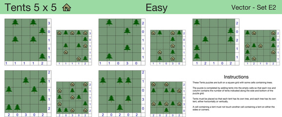 5 Easy Tents 5 x 5 Puzzles. A set of 5 easy scalable 5 x 5 tents puzzles suitable for kids, adults and seniors and ready for web use, or to be compiled into a standard or large print activity book.
