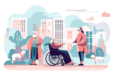 Volunteer Character Help Old Disabled People in Nursing Home