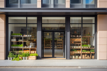 Modern grocery store exterior featuring a large window display and contemporary interior. Front view. Generative AI. - obrazy, fototapety, plakaty