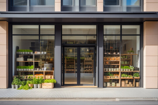 Modern Grocery Store Exterior Featuring A Large Window Display And Contemporary Interior. Front View. Generative AI.