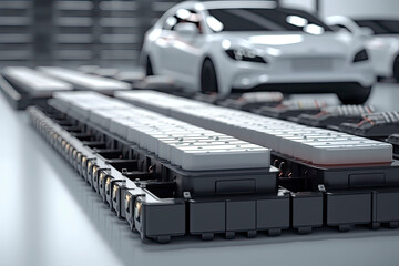 electric cars with pack of battery cells module on platform in a row - obrazy, fototapety, plakaty