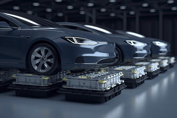 Fototapeta premium electric cars with pack of battery cells module on platform in a row
