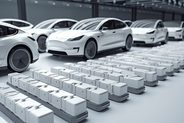 Fototapeta premium electric cars with pack of battery cells module on platform in a row