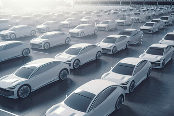 New self driving cars fleet waiting to be exported, large amounts of electric vehicle in dealership parking