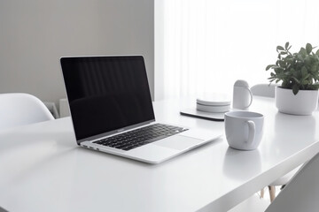 Fototapeta na wymiar White Screen Laptop on table with White Empty cup Mockup Generative AI