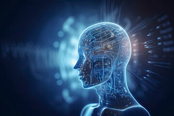 Fototapeta premium double exposure image of virtual human 3dillustration on blue circuit board background represent artificial intelligence AI technology