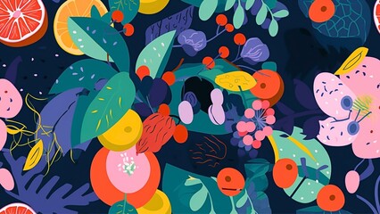 Seamless pattern, fruits plants, and flowers , generative aI