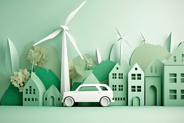 Ecology concept ;green car with windmill in the city in Paper Cut Style on white background,Ecology concept art