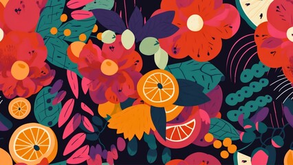 Seamless pattern, fruits plants, and flowers , generative aI