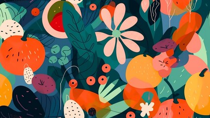 Seamless pattern, fruits plants, and flowers , generative aI