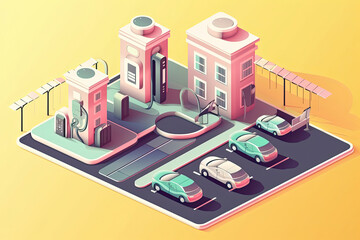 Electric car charging on empty parking lot area with fast supercharger station and many free charger stalls. Vehicle on electricity network grid. Isolated flat vector illustration