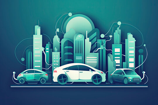 Electric car charging on empty parking lot area with fast supercharger station and many free charger stalls. Vehicle on electricity network grid. Isolated flat vector illustration