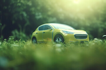 Fototapeta na wymiar electric car with green leaf icon on blur grass background, ecology and environment concept