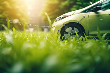 electric car with green leaf icon on blur grass background, ecology and environment concept