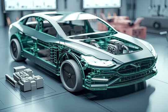 Electric car research and development with 3d rendering ev car with pack of battery cells module on platform