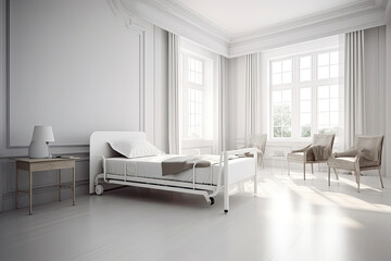 Empty bed in white nursing home or a clinic (3d rendering)