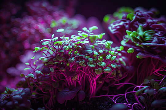 microgreens plant under phyto led light.macro Generative AI
