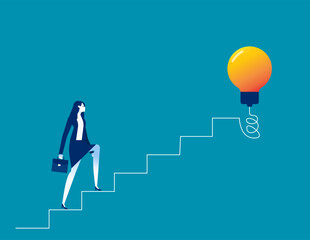 Positive business person starting walking on stairway to creative light bulb. Business creativity in business vector illustration