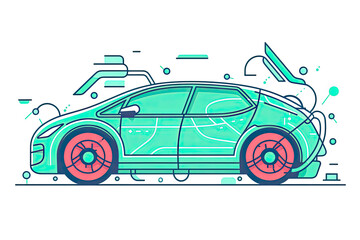 Green eco car with charge plug isolated hybrid vehicle thin line icon