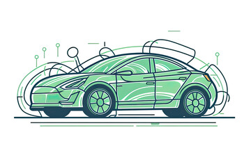 Green eco car with charge plug isolated hybrid vehicle thin line icon