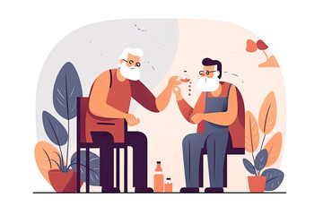 Obraz premium Volunteer Character Help Old Disabled People in Nursing Home. Young Social Worker Care of Sick Senior Woman Driving her on Wheelchair, Volunteering Healthcare, Medical Aid.