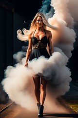 A beautiful young blonde woman in a black mini dress is walking down the road with white and gray smoke around her