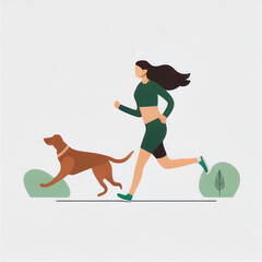 Woman jogging with his dog next to him. AI generated.