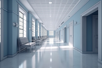 Fototapeta premium Long hospital bright corridor with rooms and blue seats 3D rendering
