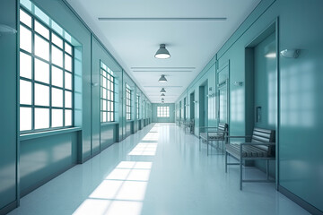 Fototapeta premium Long hospital bright corridor with rooms and blue seats 3D rendering