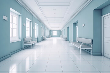 Long hospital bright corridor with rooms and blue seats 3D rendering