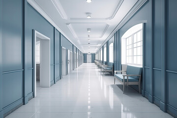 Long hospital bright corridor with rooms and blue seats 3D rendering